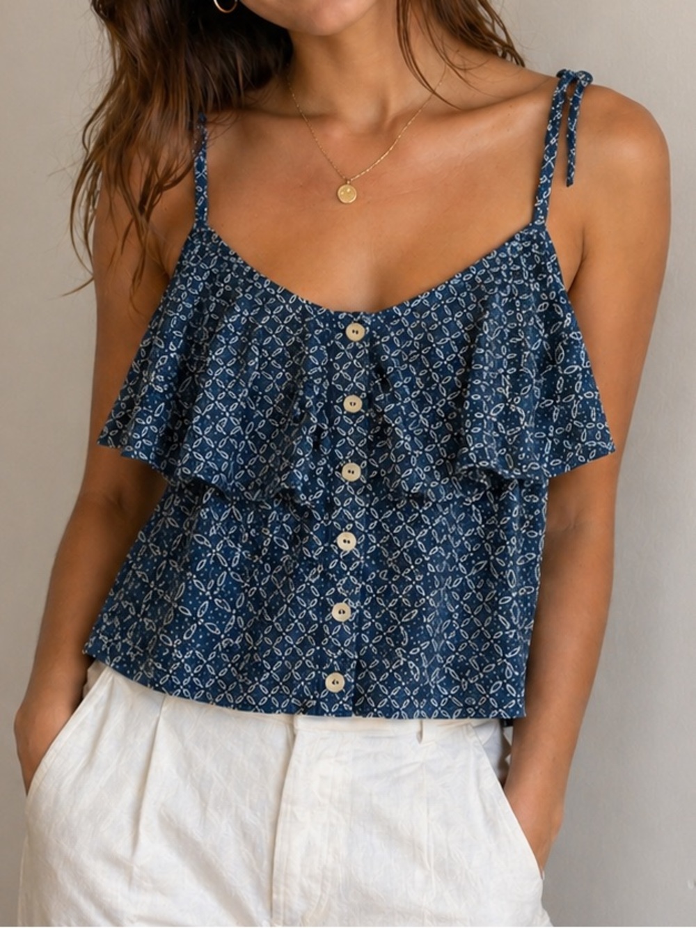Roxy Navy Blue Printed Ruffle Camisole